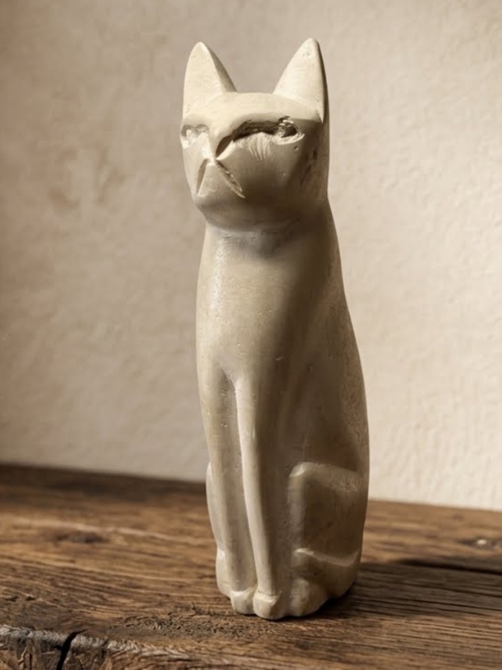 Vintage Stone Carved Neutral Cream Cat Figurine